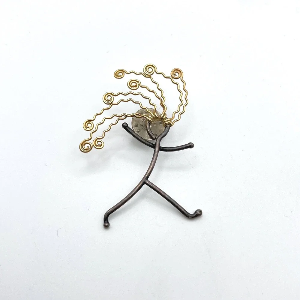 Mixed Metal Stick Figure Pin Gold Tone Wire‎ Hair Running Person Brooch 2 Inch